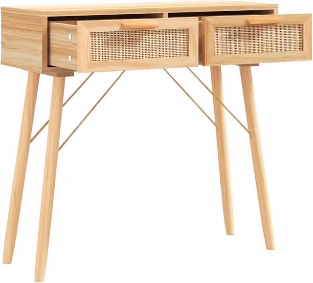 Berkfield Home Decorative Console Table in Light Tan Brown, Solid Pine Wood and Rattan, W/D/H: 80 x 30 x 75 cm