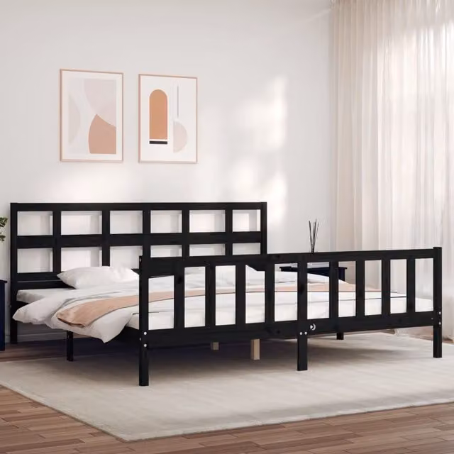 Berkfield Home Solid Wood Bed Frame with Headboard in Black, 200 x 200 cm