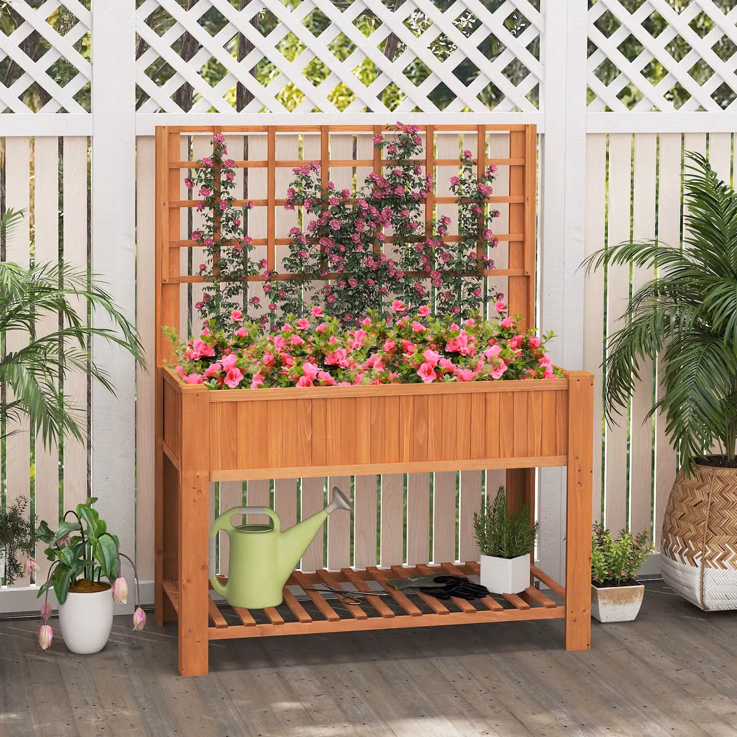 Gymax Wooden Elevated Planter Box with Trellis and Shelf in Brown, W/D/H: 150 x 59 x 109 cm – 6