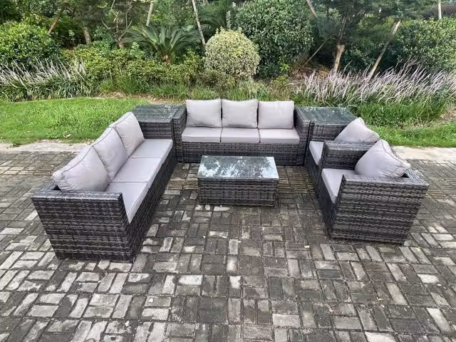 Fimous Dark Grey Polyrattan Garden Furniture Set with 3-Seater Sofa, 2 Armchairs, Oblong Coffee Table and 2 Side Tables