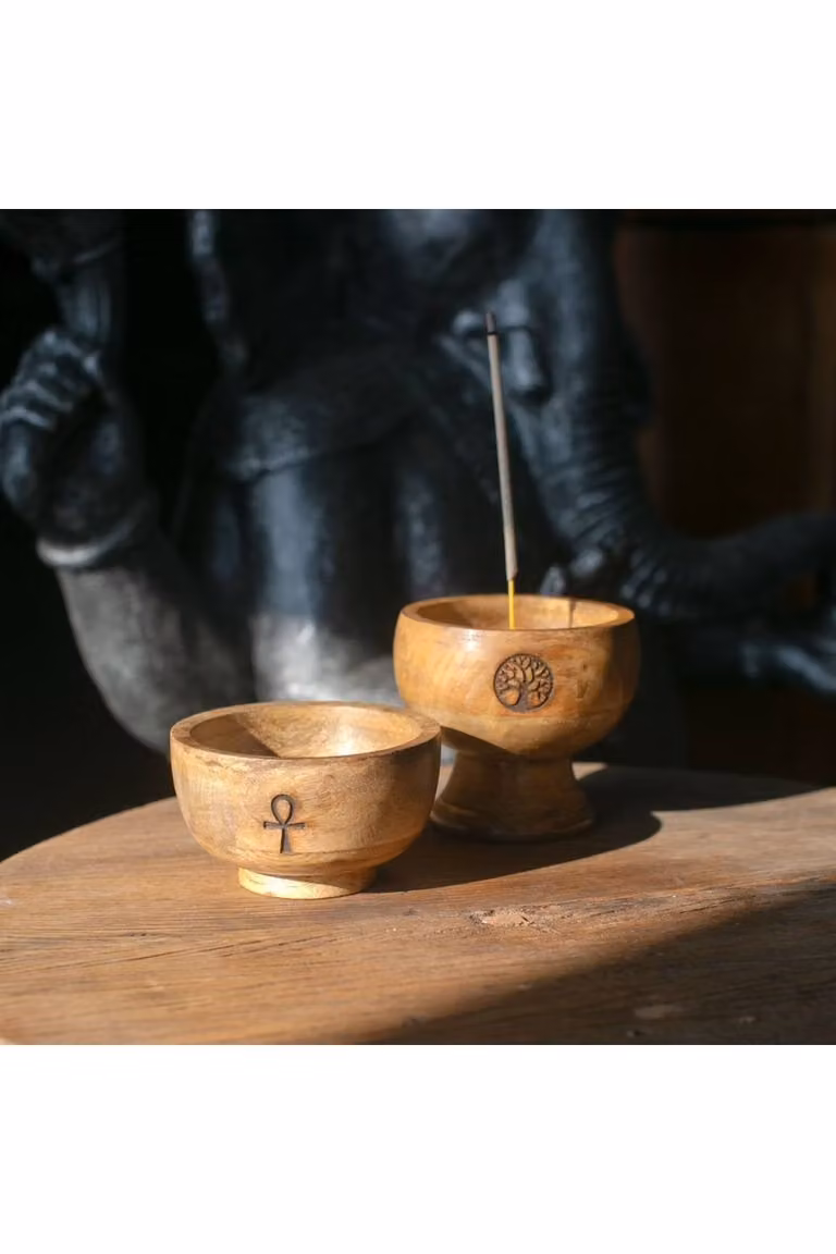 KDMD Om Ritual Incense Cone Holder and Ash Catcher in Brown Wood, W/D/H: 11 x 11 x 6 cm
