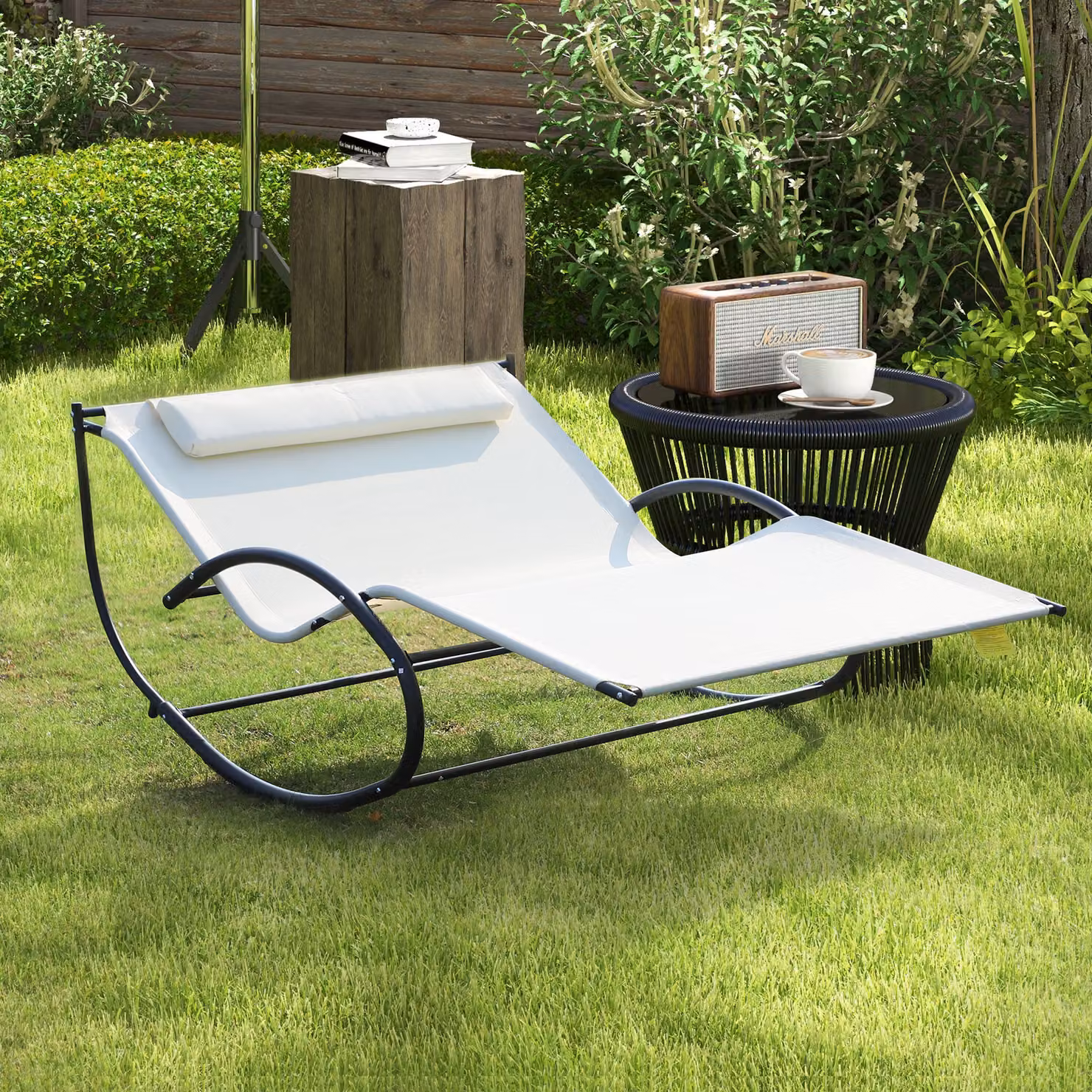 Outsunny Textilene Double Lounger with Pillow in Beige – 2