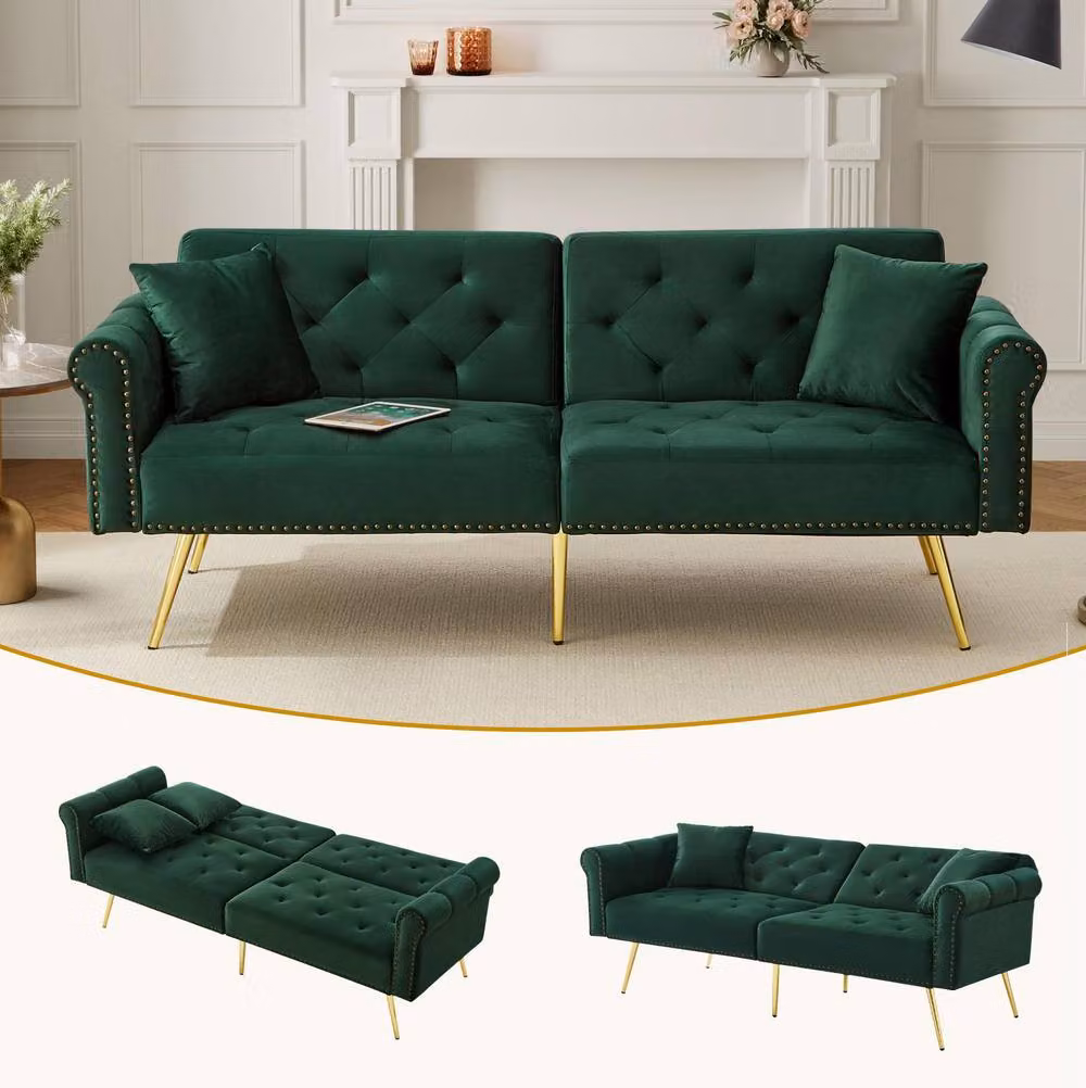 STILVORA 2-Seater Green Velvet Click Clack Sofa Bed with Solid Wood Frame and Scatter Cushions – 2