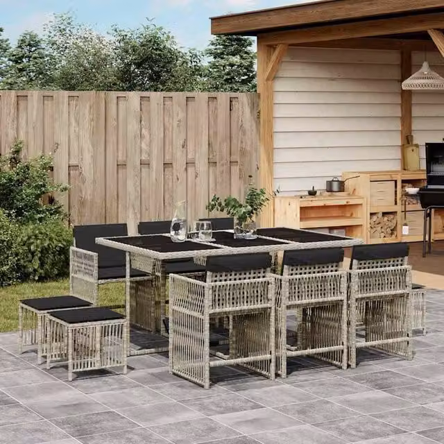Berkfield Home 11 Piece Light Grey Poly Rattan Garden Dining Set with Cushions