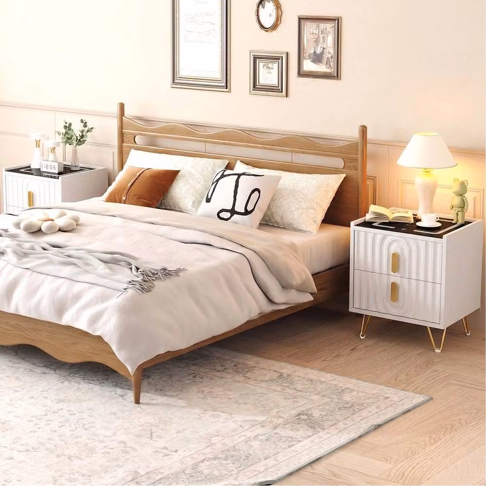 EONLION Modern White Glossy Bedside Table with Integrated Lighting and 2 Drawers, Width: 100 cm – 3