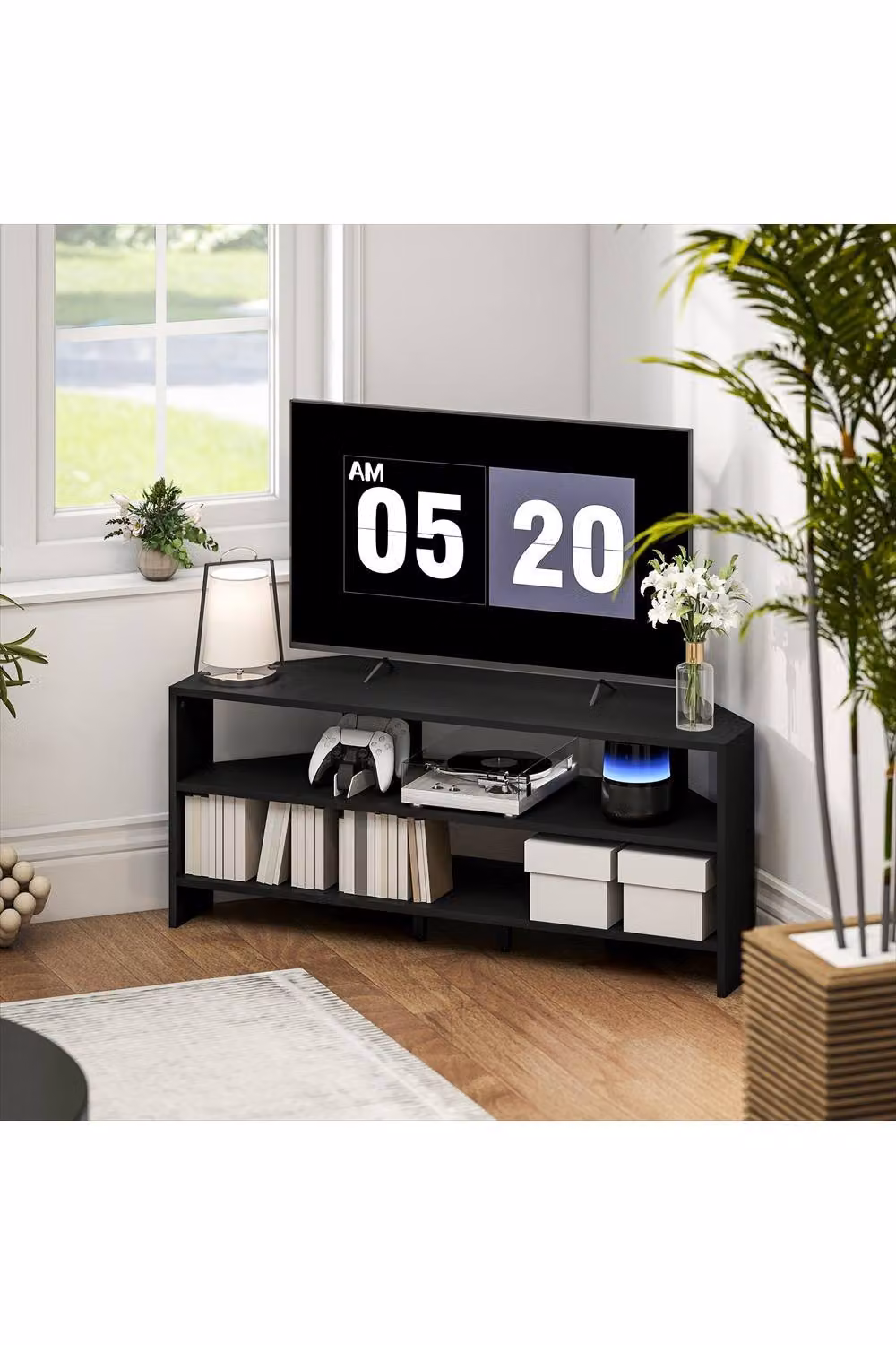 ERGOVEXA Modern Black Wood Corner TV Stand with 2 Open Shelves, W/D/H: 110 x 36 x 45 cm – 2