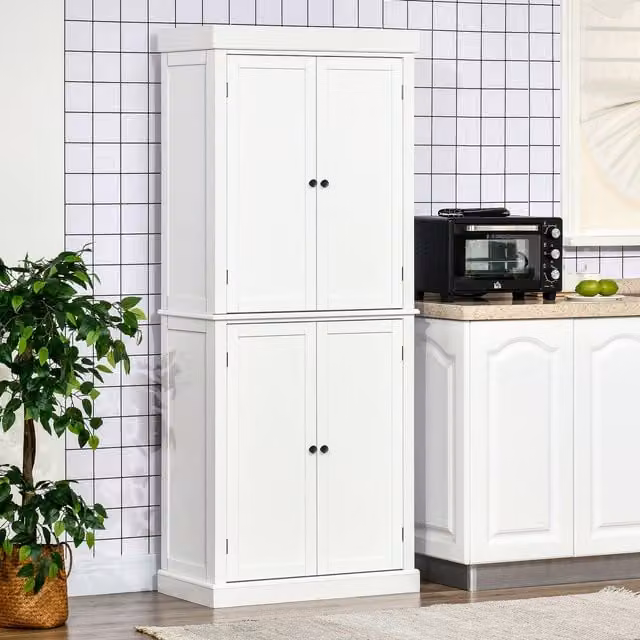 HOMCOM Modern White Freestanding Tall Kitchen Cupboard with Hinged Doors and Internal Shelves
