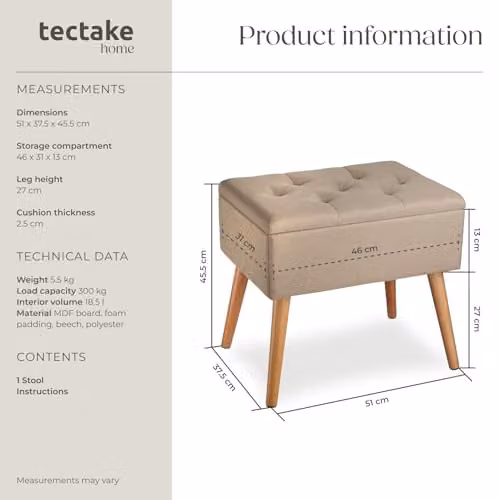 tectake Ranya Upholstered Storage Bench with Removable Top Pad in Sand – 2
