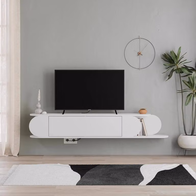FWStyle White and Brown Modern Wall-Mounted TV Unit with 1 Door and 2 Open Shelves, W: 180 cm, H: 30 cm, D: 29.6 cm