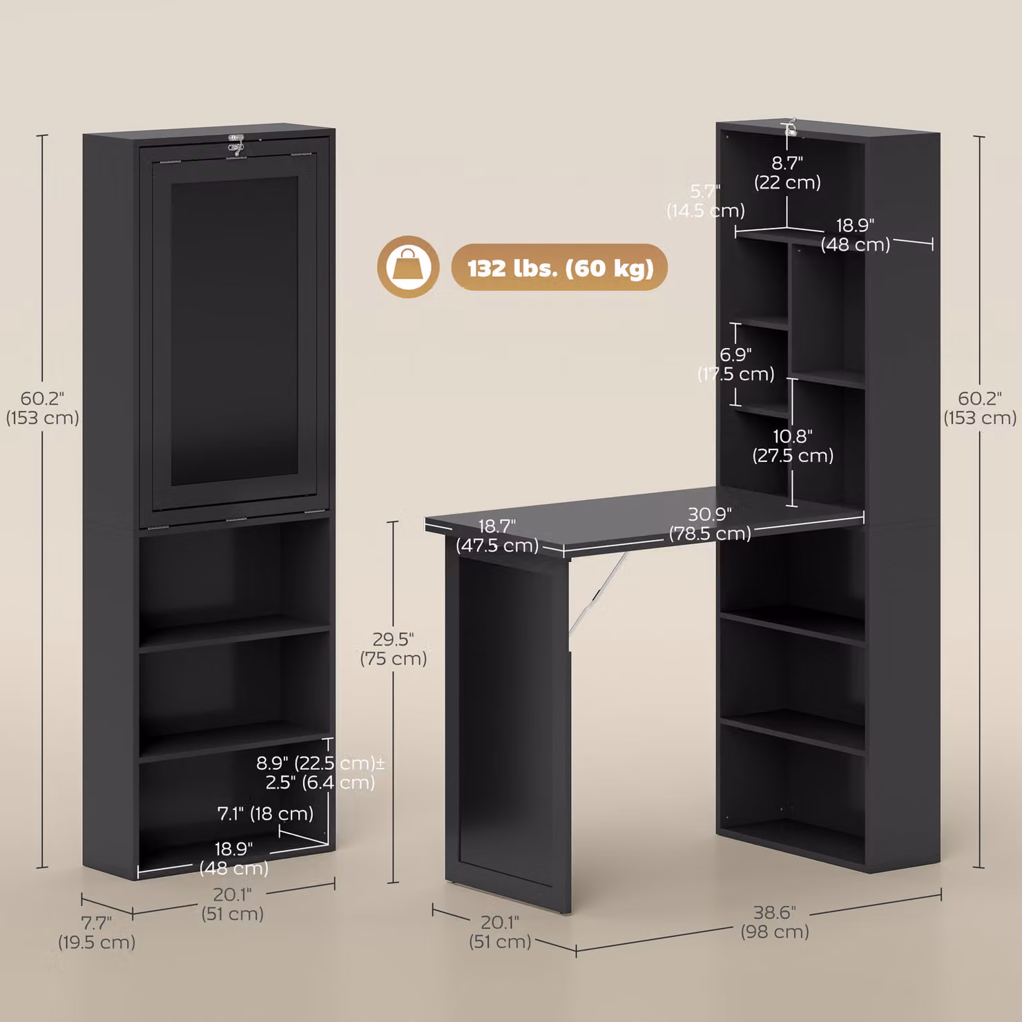 HOMCOM Three-Part Modern Computer Desk with Storage and Chalkboard, Black – 3