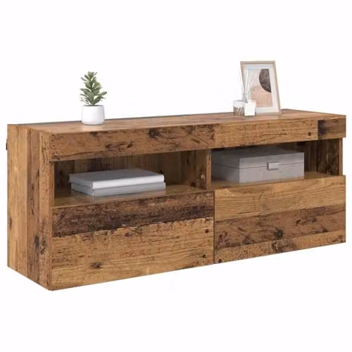 vidaXL Modern Wall Mounted TV Cabinet in Brown with Integrated Lighting and Internal Shelves, W/D/H: 100 x 30 x 40 cm – 1