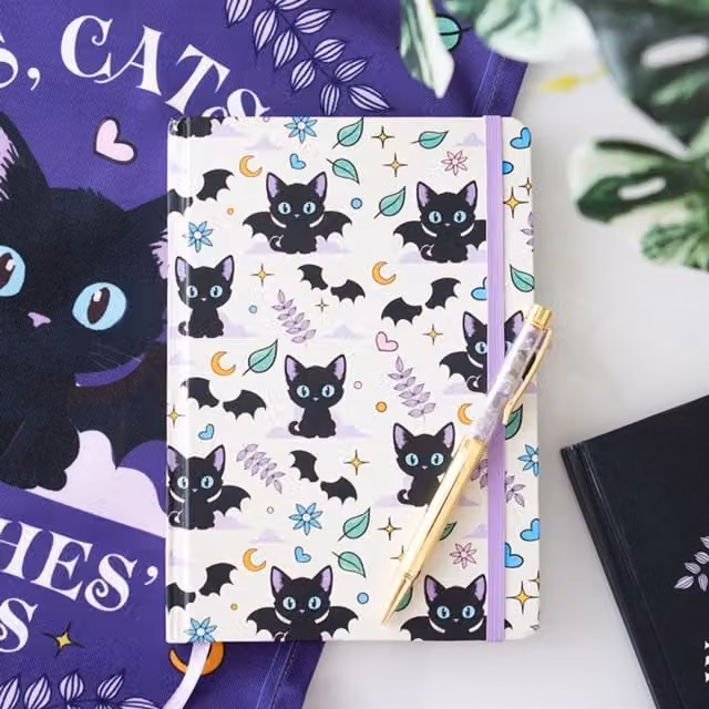 KDMK A5 Hardcover Lined Notebook and Amethyst Pen Set with Feline Witch Design in White, Black and Multicolour
