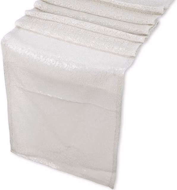 Trimming Shop White Glitter Sequin Fabric Mesh Satin Rectangular Table Runner