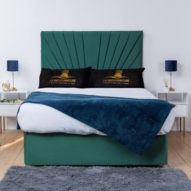UK Bed Furniture Sunrise Divan Bed Base with 26 Inch Headboard in Green Velvet, King Size, W/D/H: 180 x 200 cm