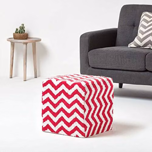 HOMESCAPES Tufted Cotton Cube Pouffe in Red and White Geometric Pattern, W/D/H: 36 x 36 x 38 cm – 2