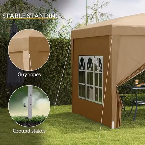 Outsunny Pop Up Gazebo Canopy Marquee with Windows in Beige and Brown – 5