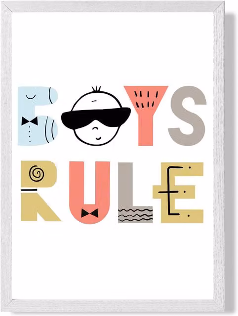 ARTZE Cute Boys Rule Scandi Quote Framed Print, White Frame, Pale Blue, A4