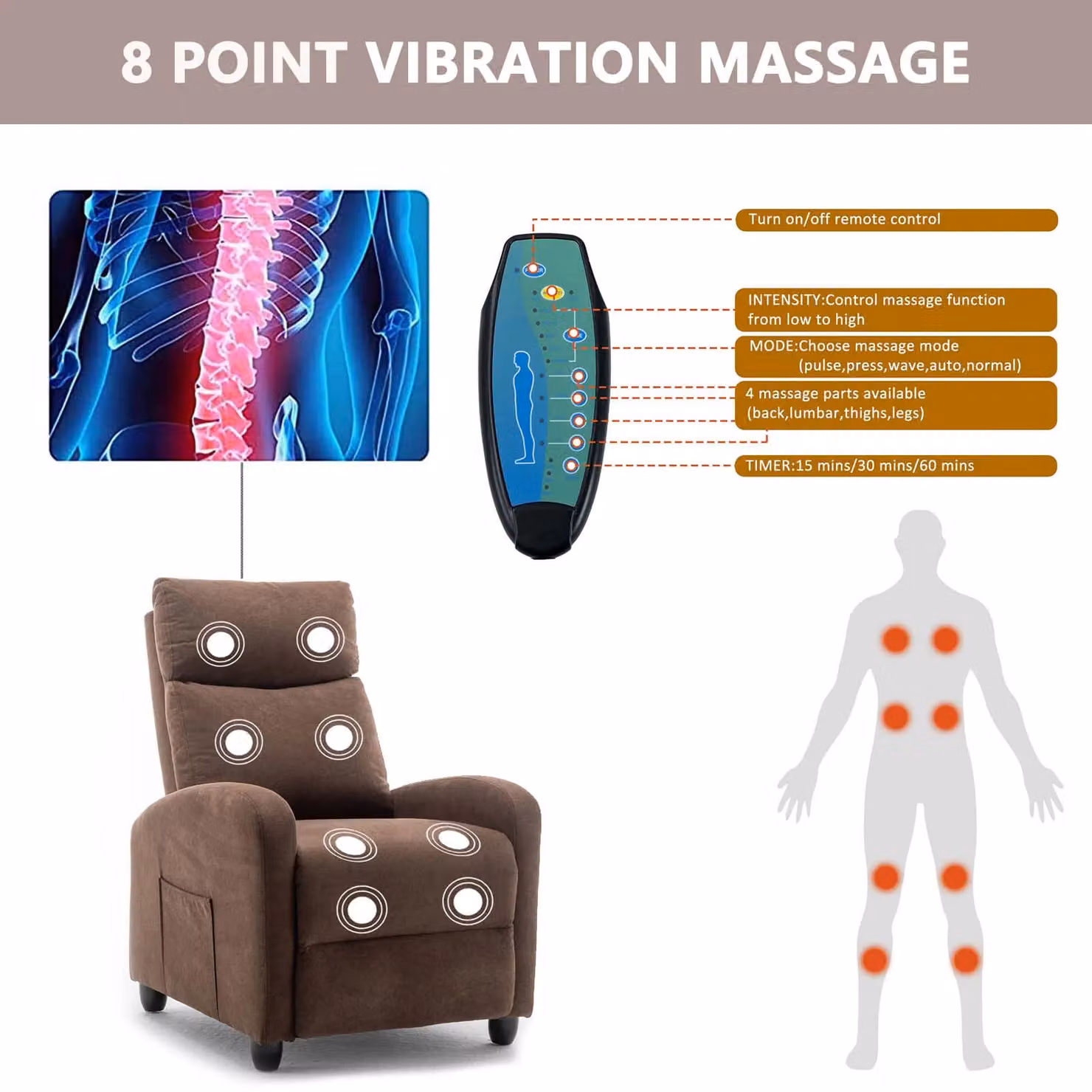 FURNITURE ONE Brown Velvet Fabric Massage Recliner Chair with 8 Point Vibration and Pushback Mechanism – 2