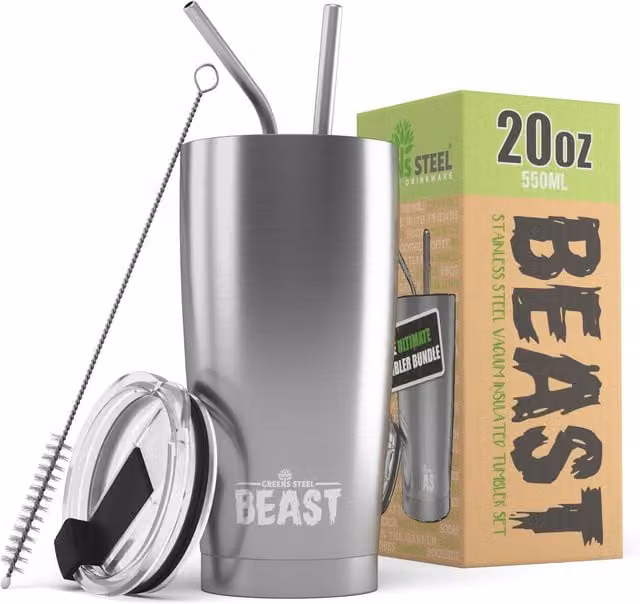 Green Steel 20oz Stainless Steel Double Insulated Coffee Tumbler Travel Mug in Silver