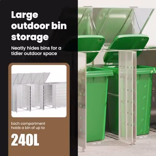 vidaXL Stainless Steel Wheelie Bin Storage for 5 Bins, Silver – 4