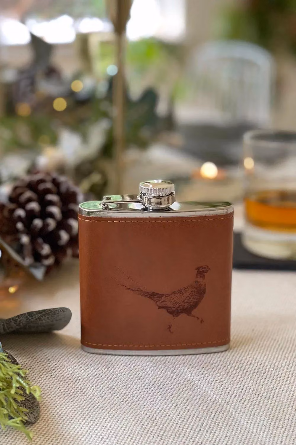 Selbrae House Brown Leather Hip Flask with Pheasant Design – 3