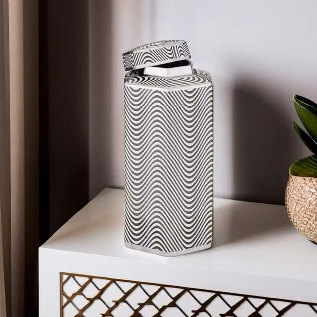 Orsina Large Monochrome Hexagonal Ceramic and Porcelain Decorative Jar in Black, White and Silver – 1