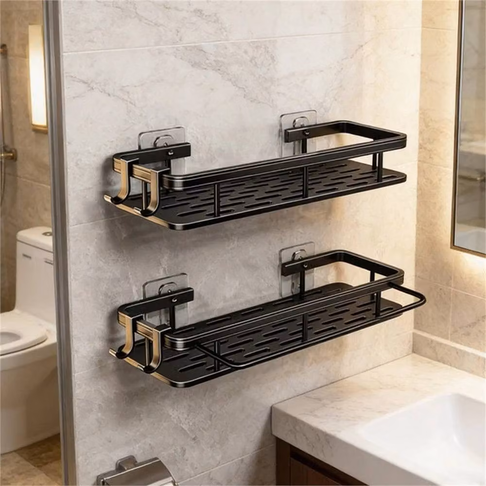 Kelvenix 2-Piece No-Drill Adhesive Corner Bathroom Shelf Set in Matt Black – 3
