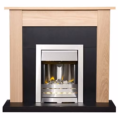 Adam Fires & Fireplaces Southwold Fireplace in Oak and Black with Helios Electric Fire in Brushed Steel, 43 Inch, Grey – 1