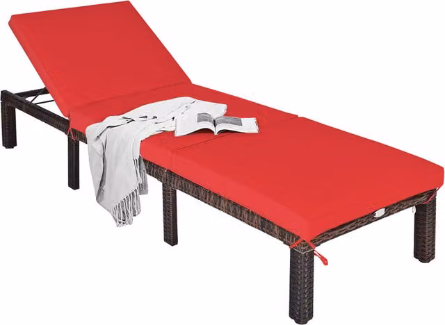 Costway Modern Rattan and Metal Chaise Lounge in Red