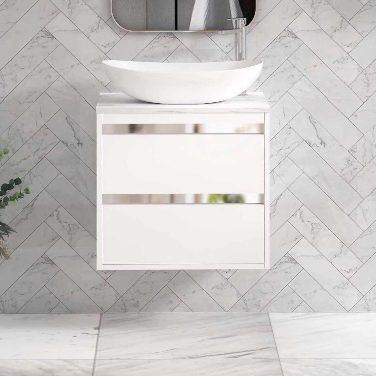Royal Bathrooms Orion Matt White Wall Hung Vanity Unit with Cesar Basin and Chrome Accent Trim, Width: 60 cm