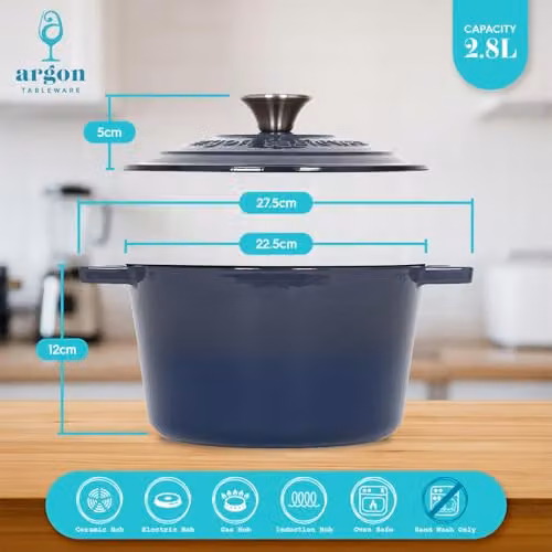 Argon Tableware Enamelled Cast Iron Round Casserole Dish with Self-Basting Lid, 2.8 l, Blue – 3