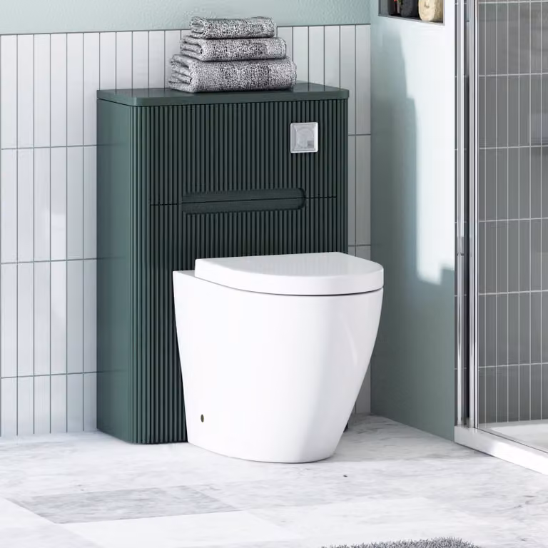Avenza Moss Green Wall Mounted WC Unit with Elva White Rimless Ceramic Toilet Pan, Soft Close Seat and Cistern, W/D/H: 50 x 55 x 40 cm