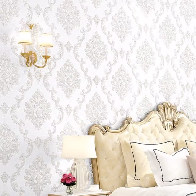 Livingandhome Classic White Floral Botanical Damask Peelable Wallpaper Roll