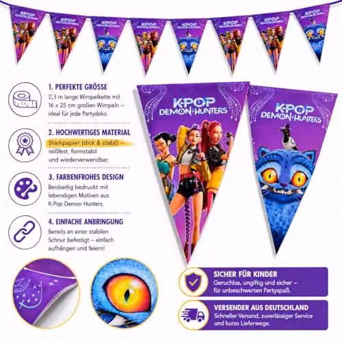 Procos K-pop Demon Hunters Purple Paper Bunting Garland for Children's Birthday Parties, Length: 230 cm – 6