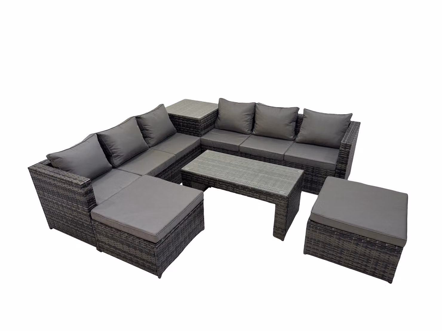 Fimous 8 Seater L-Shape Rattan Garden Furniture Set in Dark Grey with Upholstered Cushions, Ottoman and Coffee Table – 2