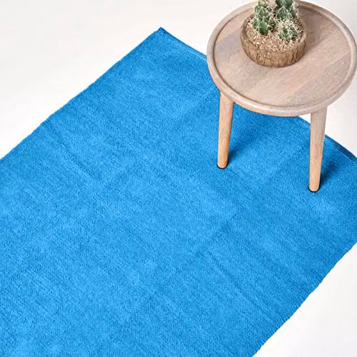 HOMESCAPES Blue Plain Woven Chenille Cotton Rug, W: 110 cm, L: 170 cm