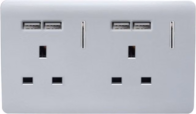 Trendi 2 Gang 13 Amp Switched Plug Socket with 4 x 2.1mA Type A USB Ports in Platinum Silver