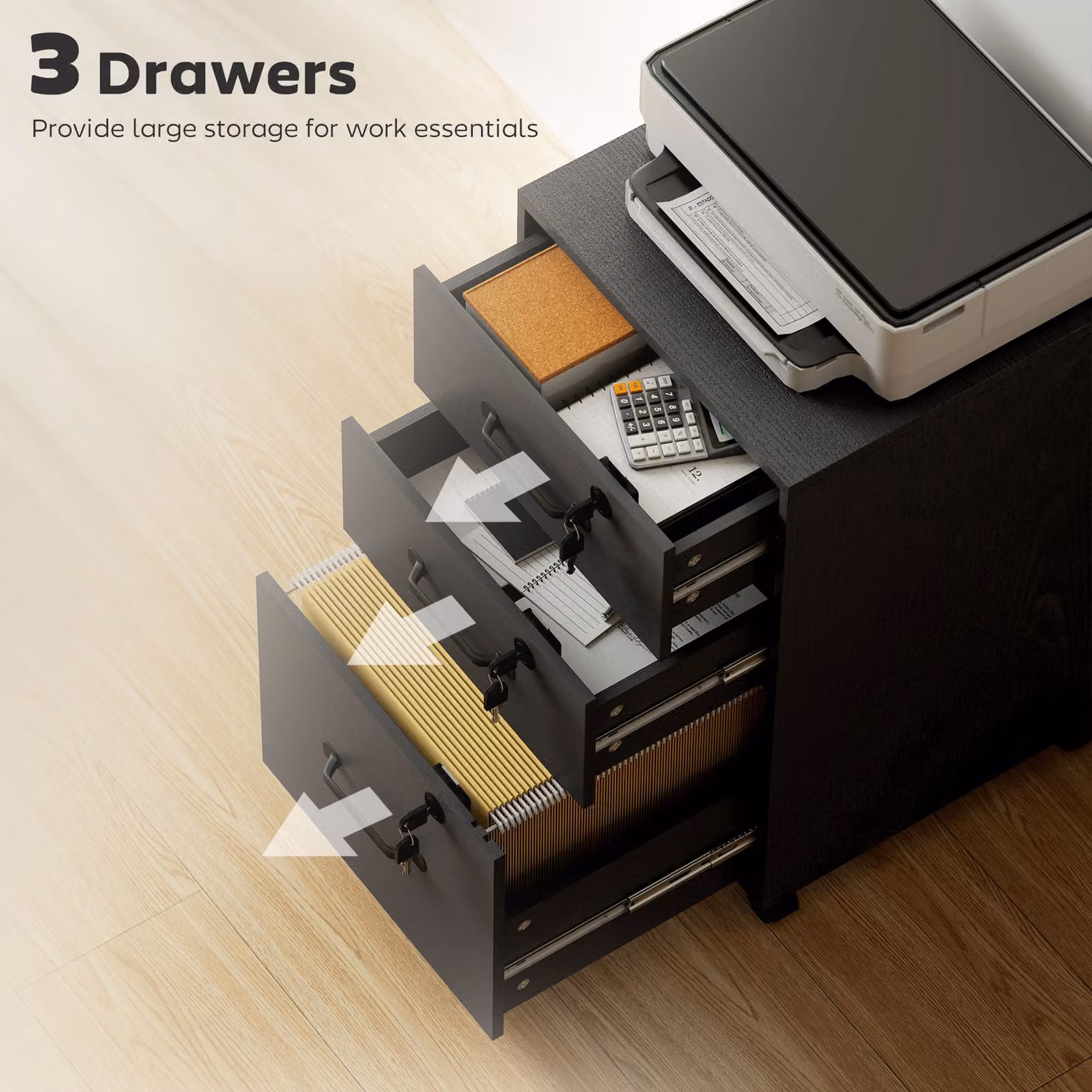 HOMCOM Three Drawer Black Wood-Effect Filing Cabinet with Castors – 4