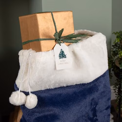 Samuel Alexander Blue Soft Plush Christmas Sack with White Faux Fur Trim and Pom Poms, W: 80 cm, H: 55 cm – 2