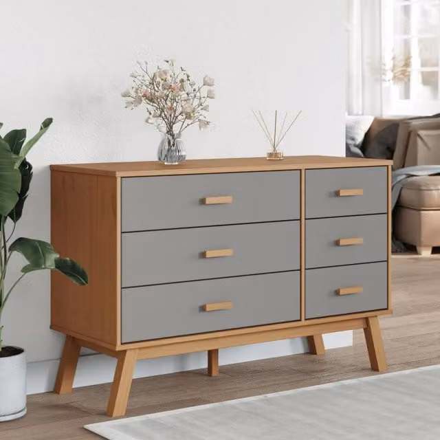 Berkfield Home Beautiful Olden Drawer Cabinet in Grey and Brown Solid Wood Pine, W/D/H: 73.5 x 42.0 x 111.0 cm