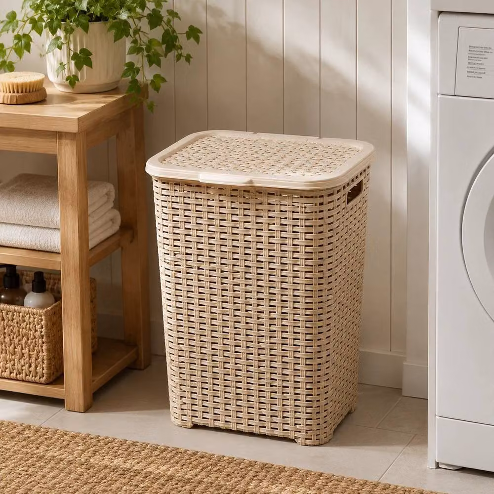 VOGREX 45L Rattan Effect Laundry Hamper Basket with Lid and Handles in Beige – 2