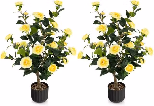 Costway 2 Pack Artificial Yellow Camellia Tree Faux Floral Plant