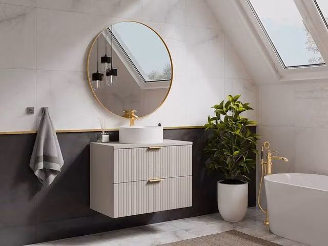 Vente-unique Striped Wall-Hung Bathroom Vanity Unit with Round Countertop Basin in Beige