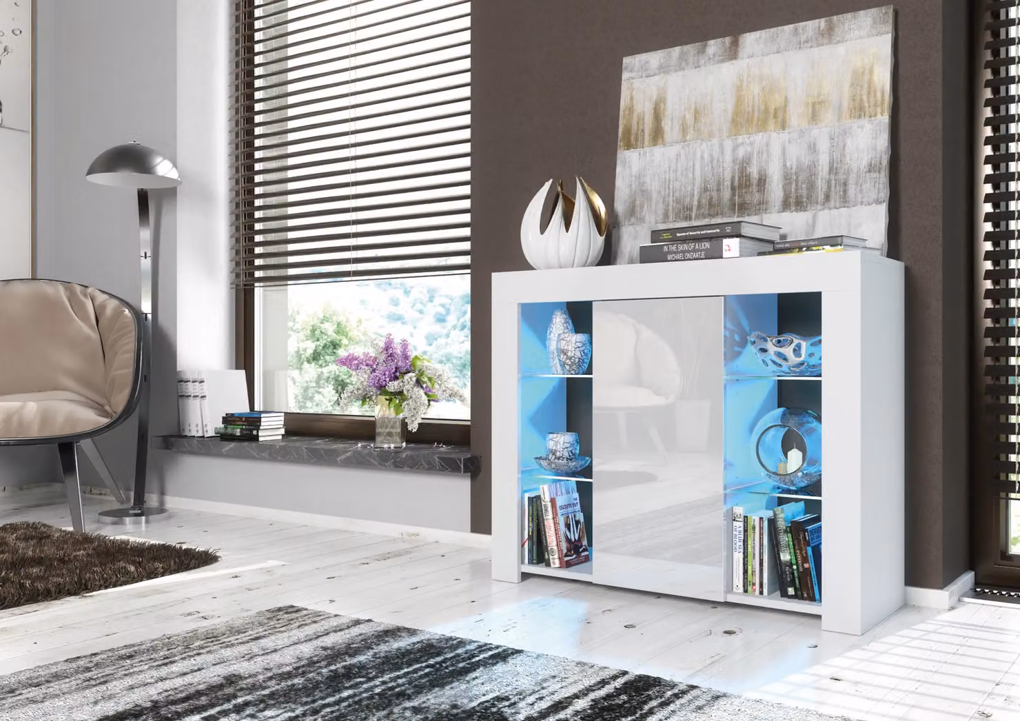 Mex Furniture LTD Modern White Gloss Sideboard with Integrated LED Lighting, W: 97 cm, H: 83 cm, D: 35 cm – 3