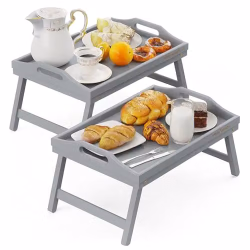 Mantraraj Bamboo Bed Tray Table Pack of 2 with Foldable Legs and Handles, Grey – 1