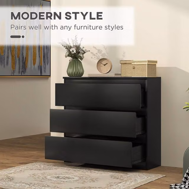STILVORA Modern 3-Drawer Chest in Black Matt Wood