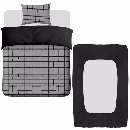 Pamposh 3 Piece Single Duvet Cover Set with Matching Black Fitted Sheet, Reversible Breathable Microfibre Bedding Set, Duvet Cover 135 x 200 cm, Pillowcase 50 x 75 cm, Fitted Sheet 90 x 190 cm