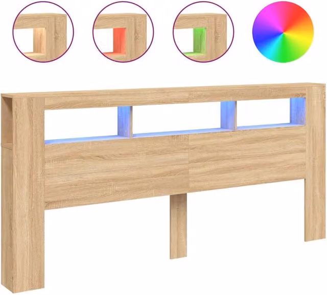 Berkfield Home Sonoma Oak LED Headboard with Side Compartments and Bedside Shelf, Brown, W: 220 cm, D: 18.5 cm, H: 103.5 cm – 1