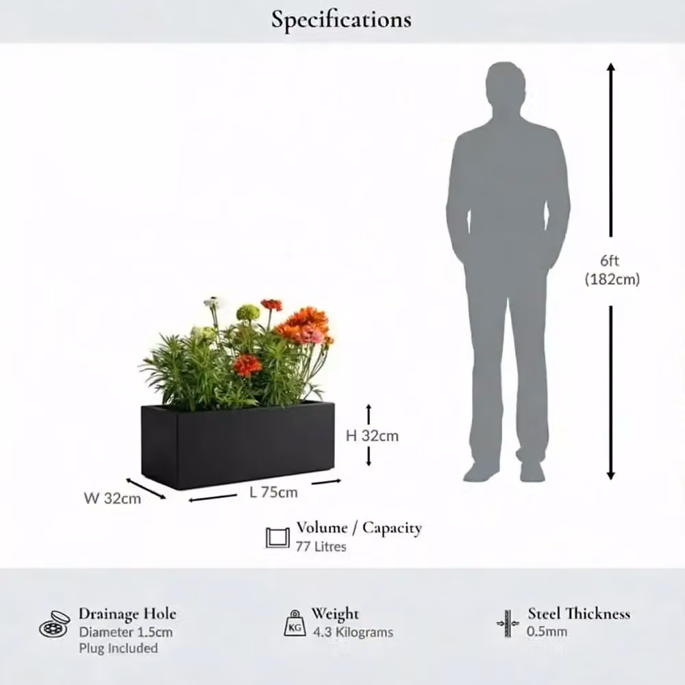 Access Garden Products Matte Black Galvanised Steel Trough Planter, 75 cm – 3