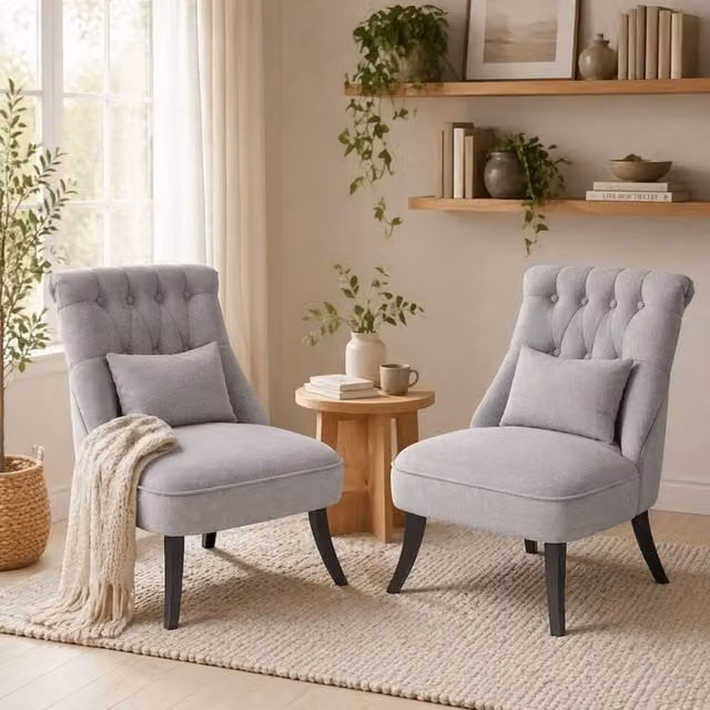 Wyld Haus Sava Grey Set of 2 Armless Button Tufted Tub Chairs with Linen Look Finish – 1